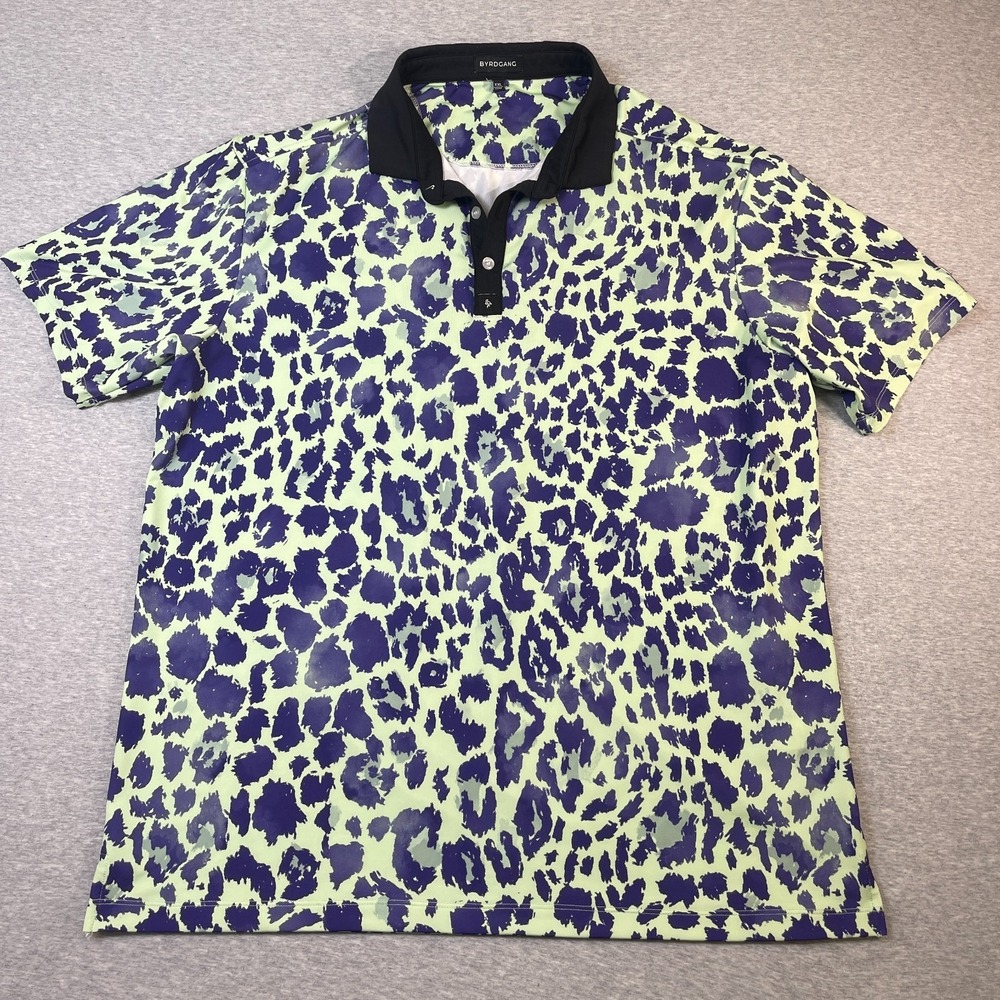 Byrd Gang Golf Polo Shirt Mens XXL 2XL Neon Green Purple Leopard Animal Byrdtek